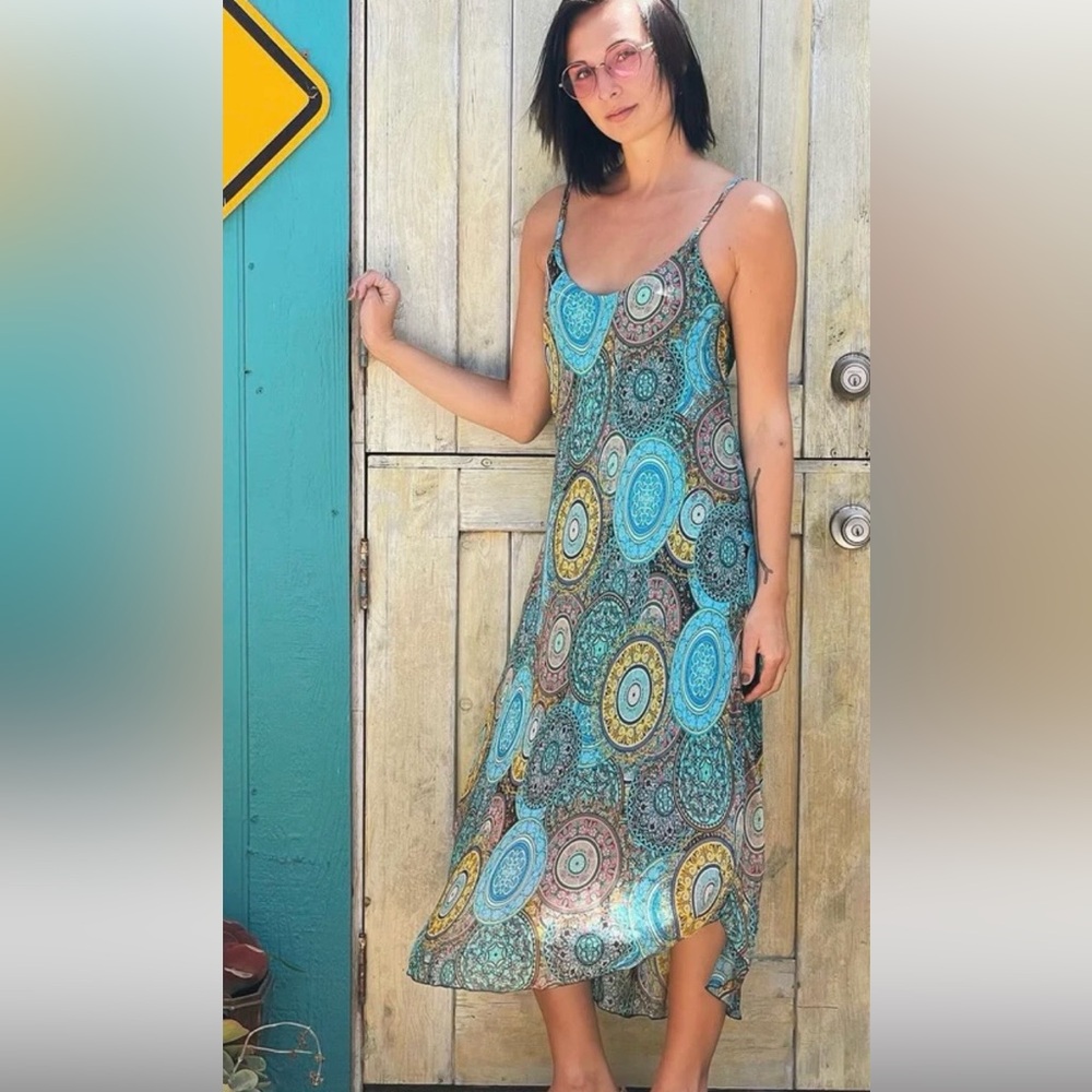 GIGI MODA-Chic Silky Bohemian Midi Dress in Blues and Yellow